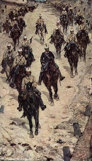 Giovanni Fattori Kavalleriecorps auf einer Dorfstrasse